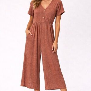 Three Bird Nest Rust Midi Jumpsuit – Size Medium – Linen Blend Wide Leg
